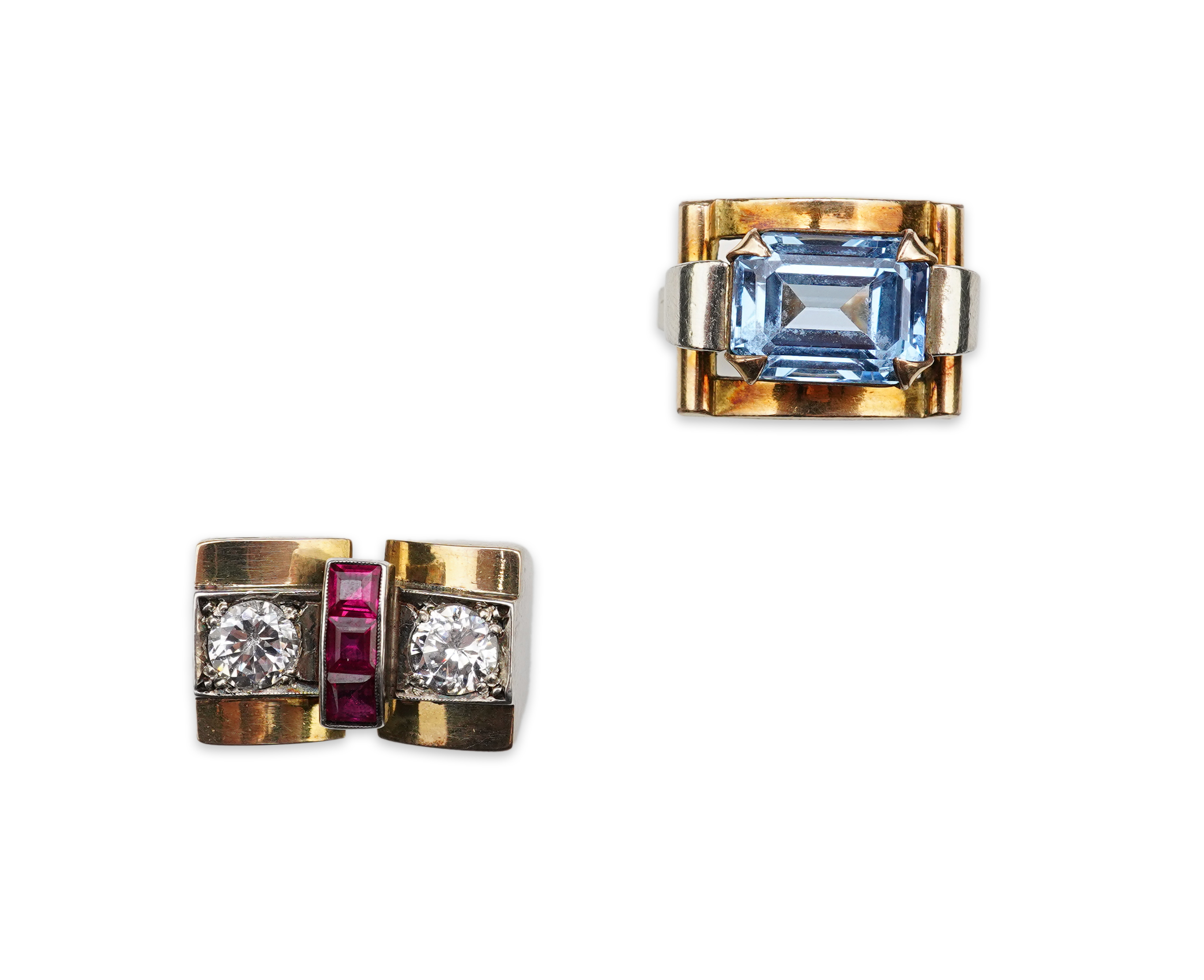 Two Retro synthetic stone and paste cocktail rings, 1940s